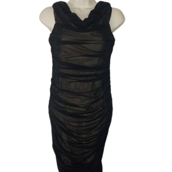 Kiki Riki Womens Elbise Bodycon Dress Black Mesh Over Tan Mini Drape Neck L New - Picture 1 of 3